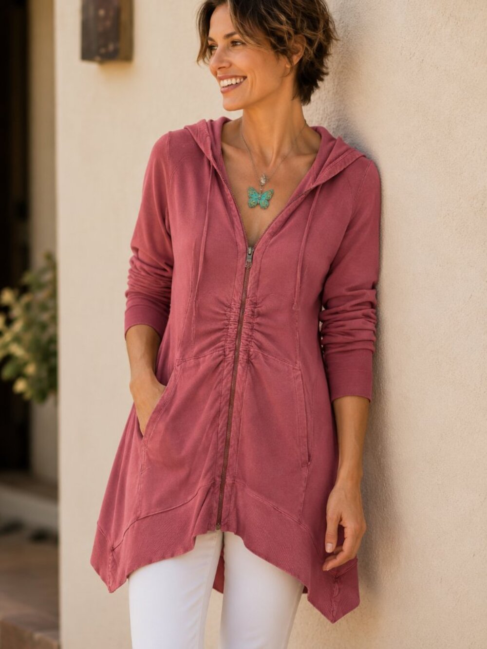 Soft Surroundings Sunrise Long French Terry Handkerchief Hem Ruched Hoodie
